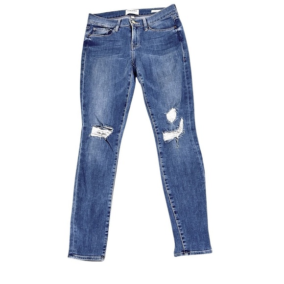 Frame Denim Le Skinny de Jeanne distressed frayed hem mid tone jeans USA size 26 - Picture 2 of 10